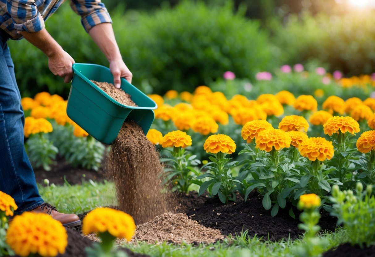 A gardener carefully mixes organic fertilizer into the soil around a vibrant patch of marigolds, ensuring they receive the nutrients needed to thrive