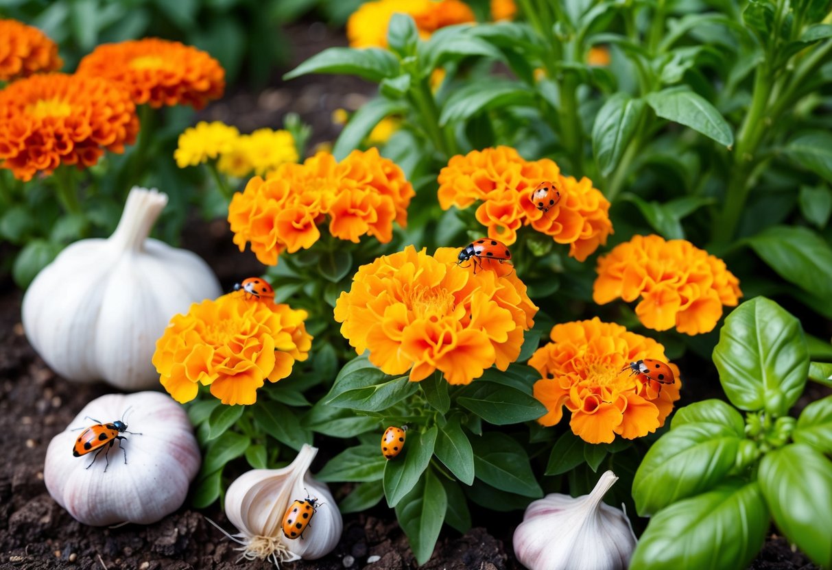 A garden scene with marigolds surrounded by natural pest deterrents like garlic, chrysanthemums, and basil. Ladybugs and praying mantises are present