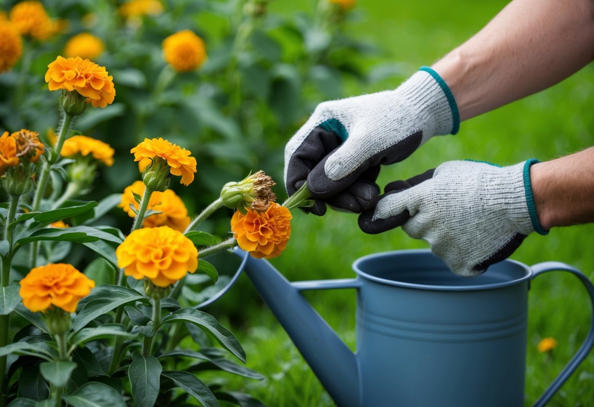 A pair of gardening gloves carefully pinching off dead marigold blooms, while a watering can sits nearby