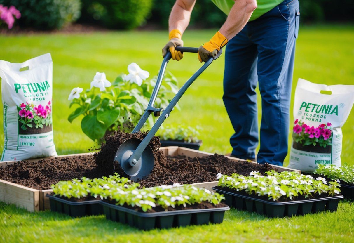 A gardener carefully tilling the soil in a flower bed, surrounded by bags of potting soil and trays of petunia seedlings