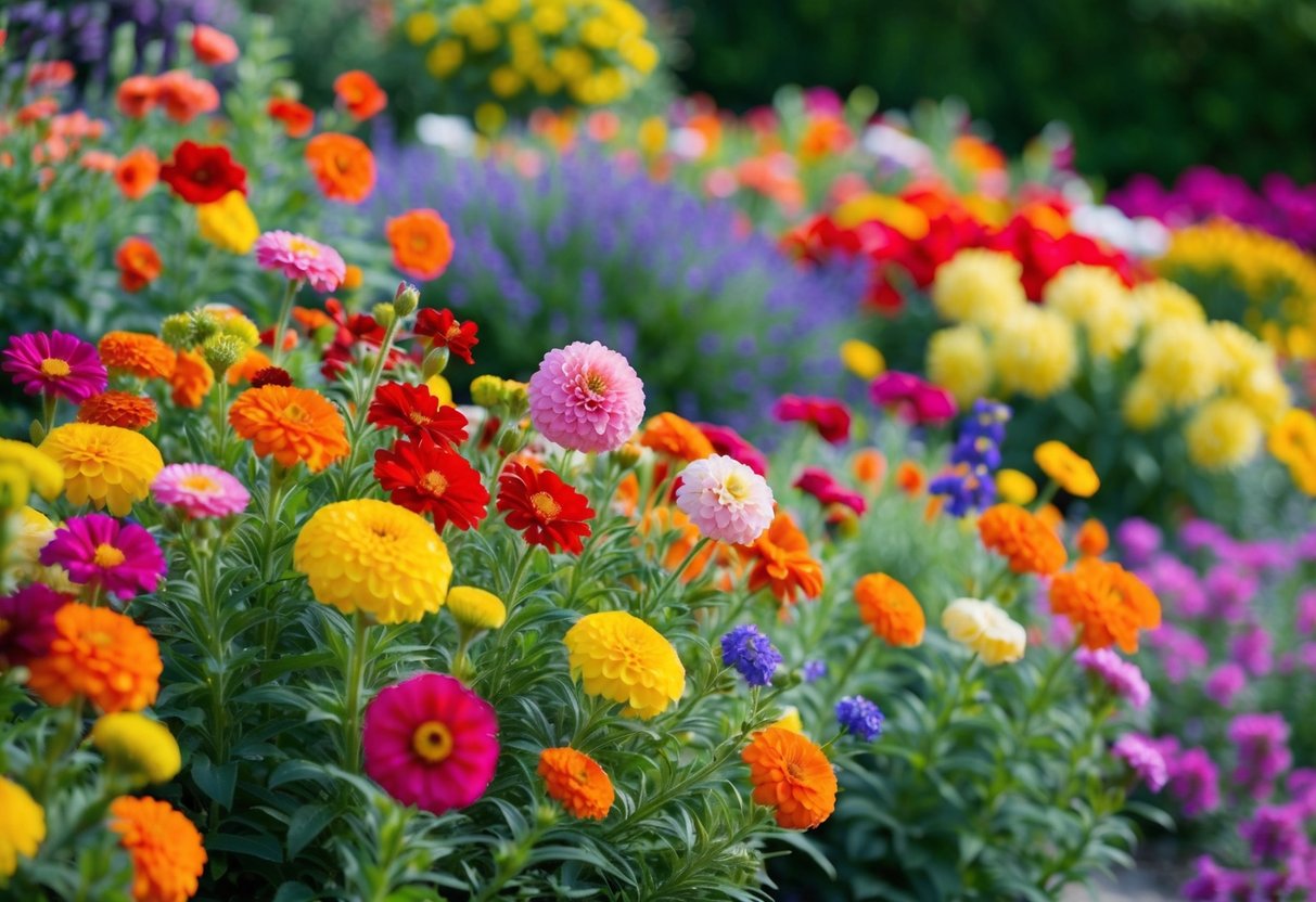 A vibrant garden bursting with colorful annual flowers in full bloom