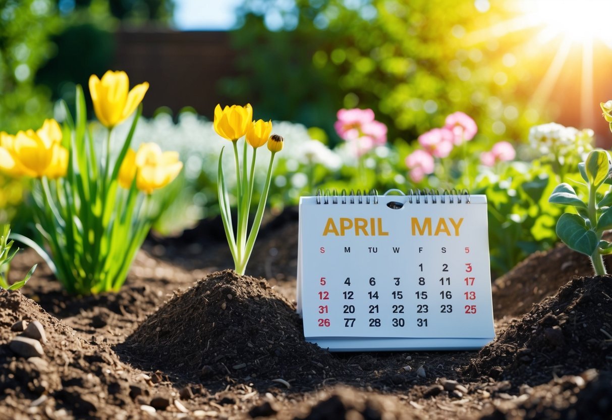 A sunny garden with a variety of soil types and a calendar showing the months of April and May