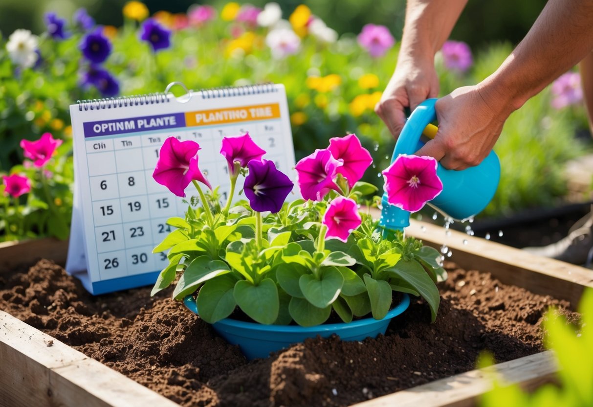 Petunias being planted in a sunny garden bed, surrounded by rich, well-draining soil and watered gently. A calendar showing the optimal planting time for the UK