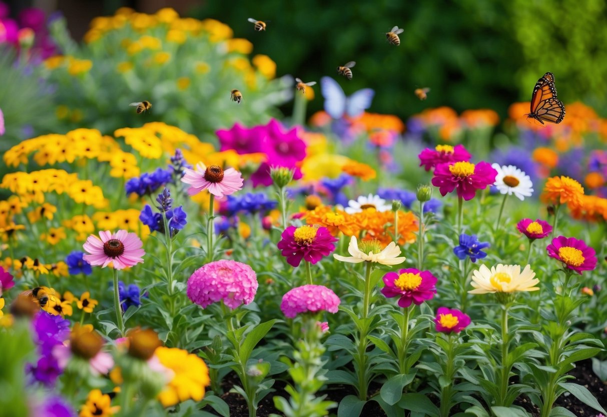 A vibrant garden bed bursting with colorful annual flowers in full bloom, attracting bees and butterflies