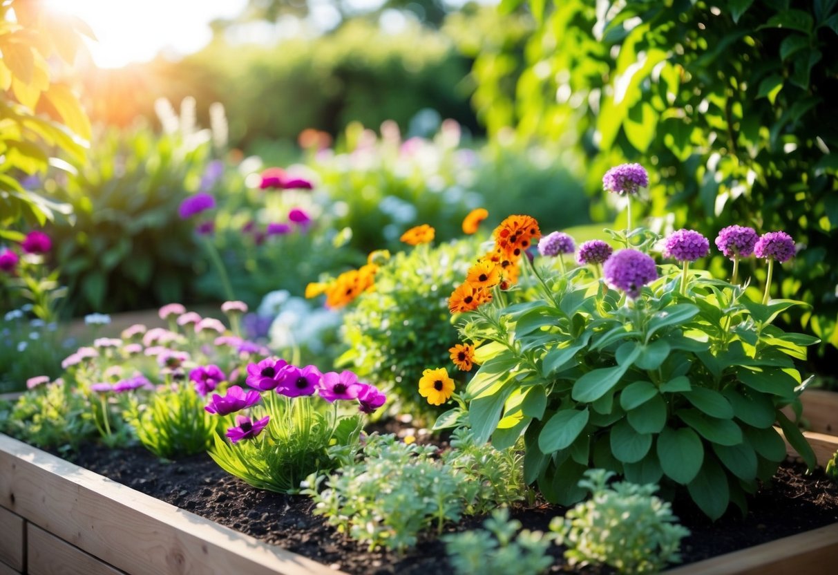 A garden bed filled with blooming, colorful low-maintenance flowers, surrounded by lush green foliage and bathed in soft sunlight