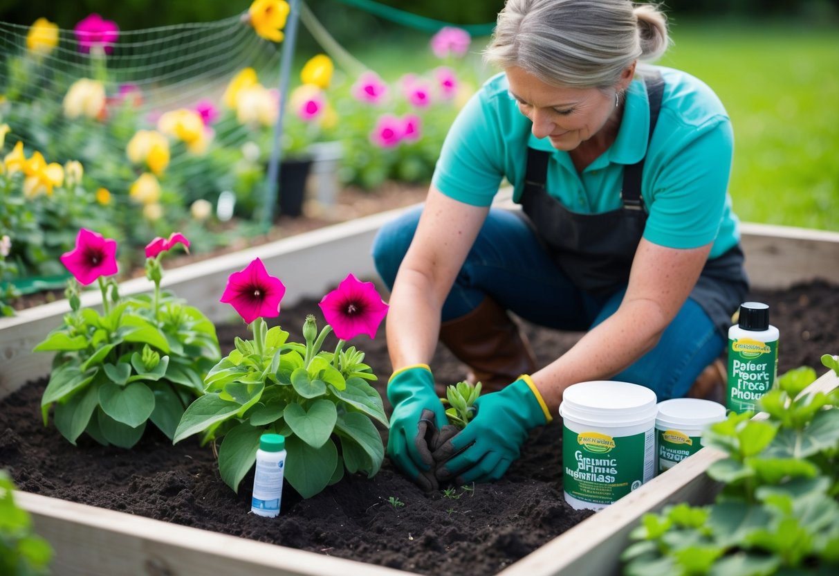 A gardener carefully planting petunias in a garden bed, surrounded by protective netting and organic pest control products