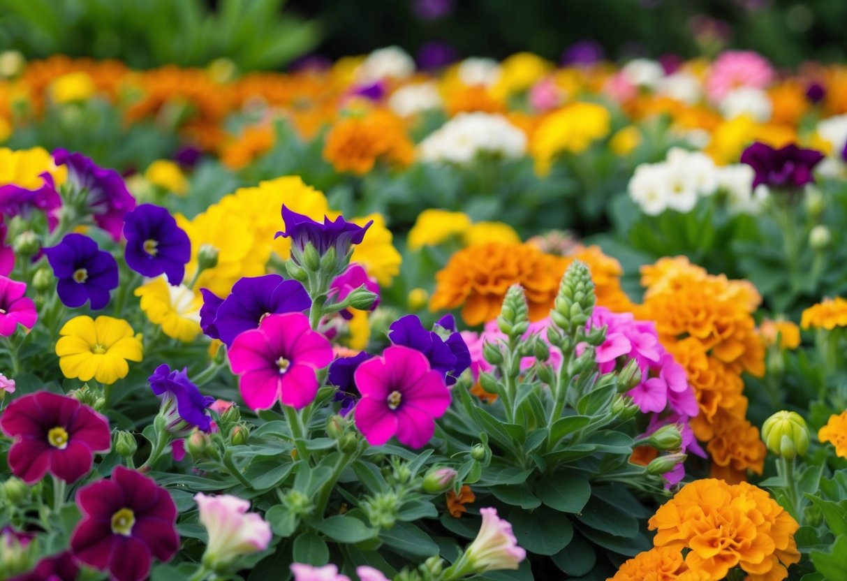 A vibrant field of blooming petunias, marigolds, and impatiens, with a variety of colors and sizes, surrounded by lush green foliage