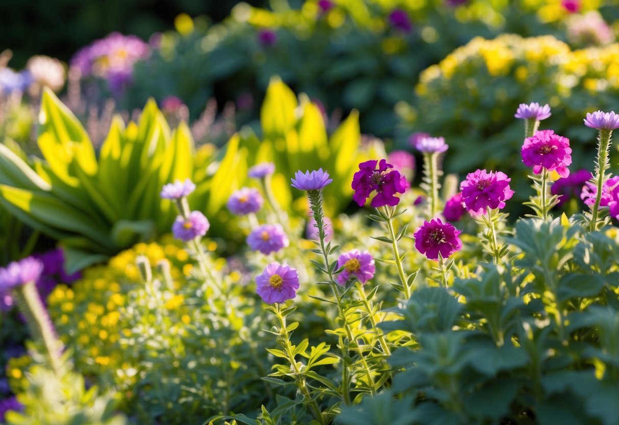 A vibrant patch of low-maintenance perennial flowers blooming in a well-tended garden, surrounded by lush green foliage and bathed in warm sunlight