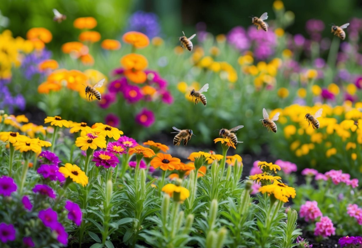 A colorful garden bed filled with blooming annual flowers, surrounded by buzzing bees and fluttering butterflies