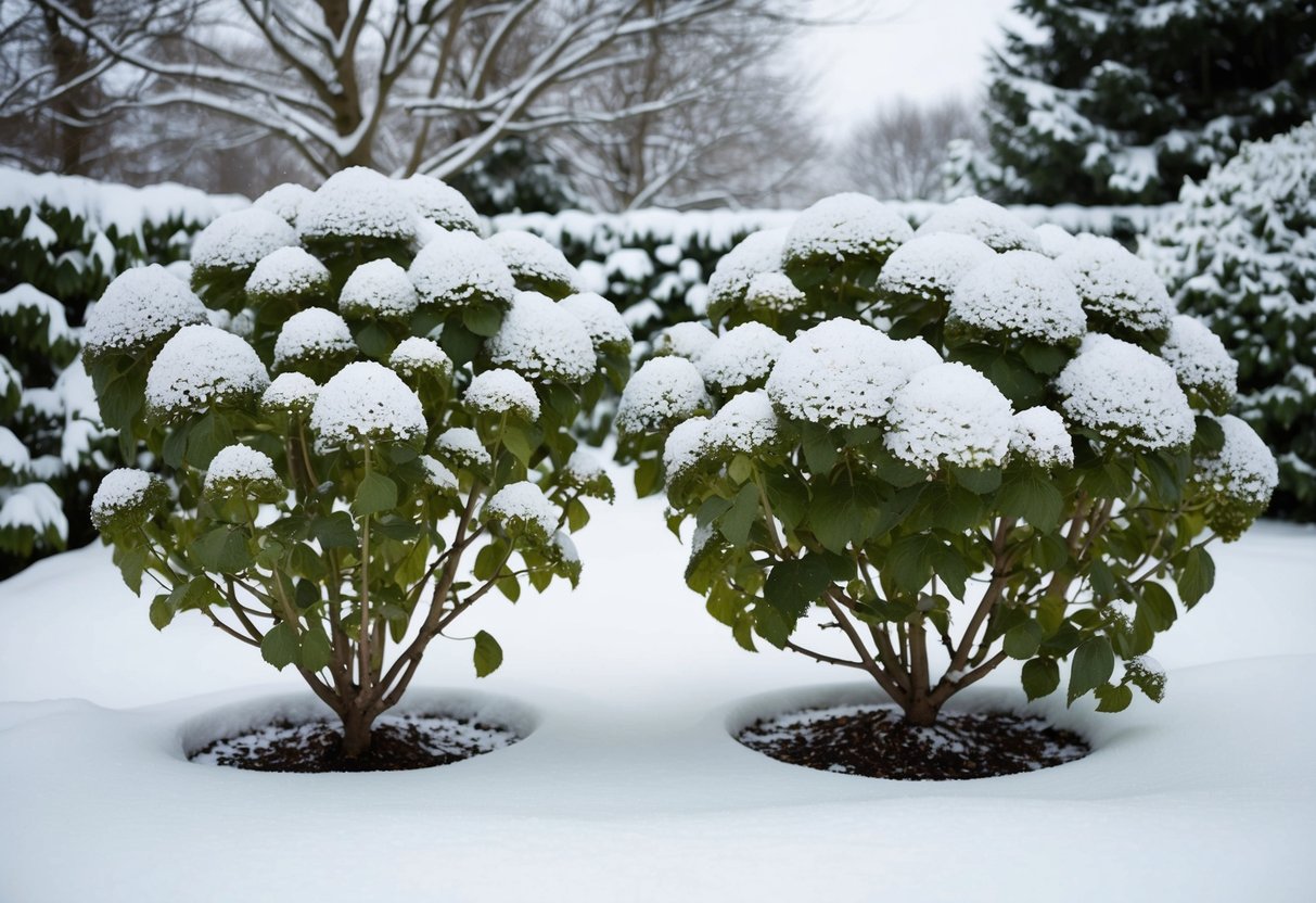 A snow-covered garden with dormant hydrangea bushes standing resiliently through the winter chill