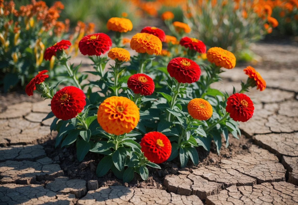 Vibrant red and orange zinnias thrive in the scorching sun, surrounded by dry, cracked earth and wilting foliage