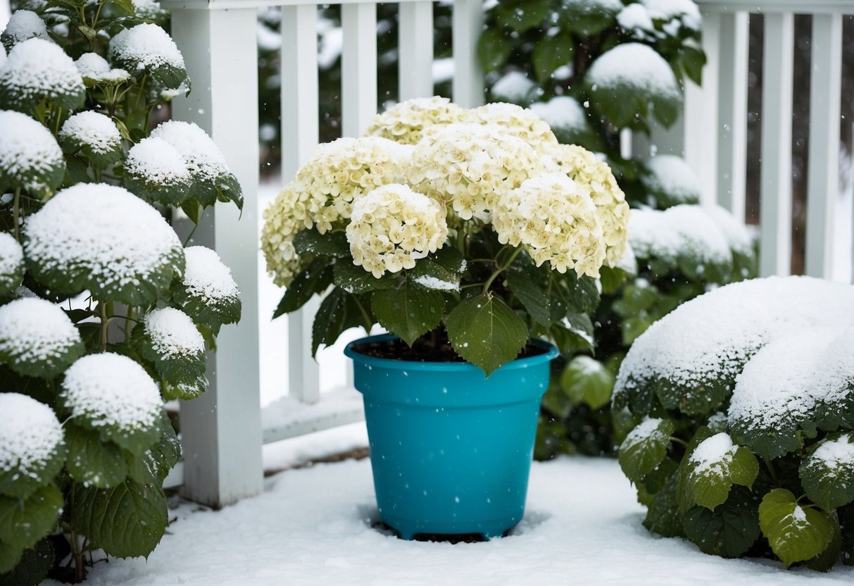 A potted hydrangea sits on a snowy porch, surrounded by climbing hydrangeas clinging to a trellis. Snowflakes fall gently around them