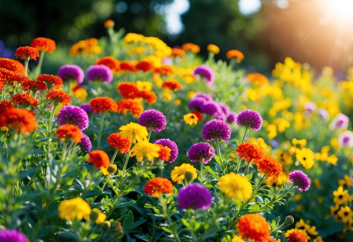 A vibrant garden bursting with heat-tolerant annual flowers in full bloom under the scorching sun