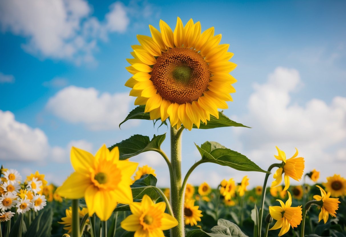 A vibrant sunflower standing tall amidst a field of blooming daisies and daffodils, showcasing the hardiest summer flower