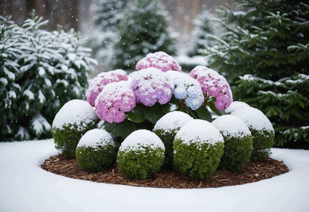 A snow-covered garden with a cluster of hydrangeas nestled among evergreen shrubs, protected by a layer of mulch and surrounded by a gentle mist of water droplets