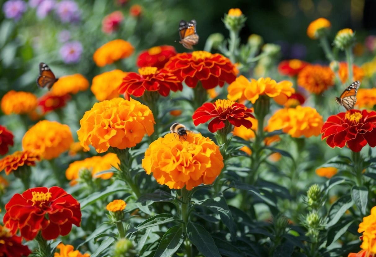 Vibrant orange marigolds and red zinnias bloom profusely in a sun-drenched garden, attracting bees and butterflies with their heat-tolerant petals