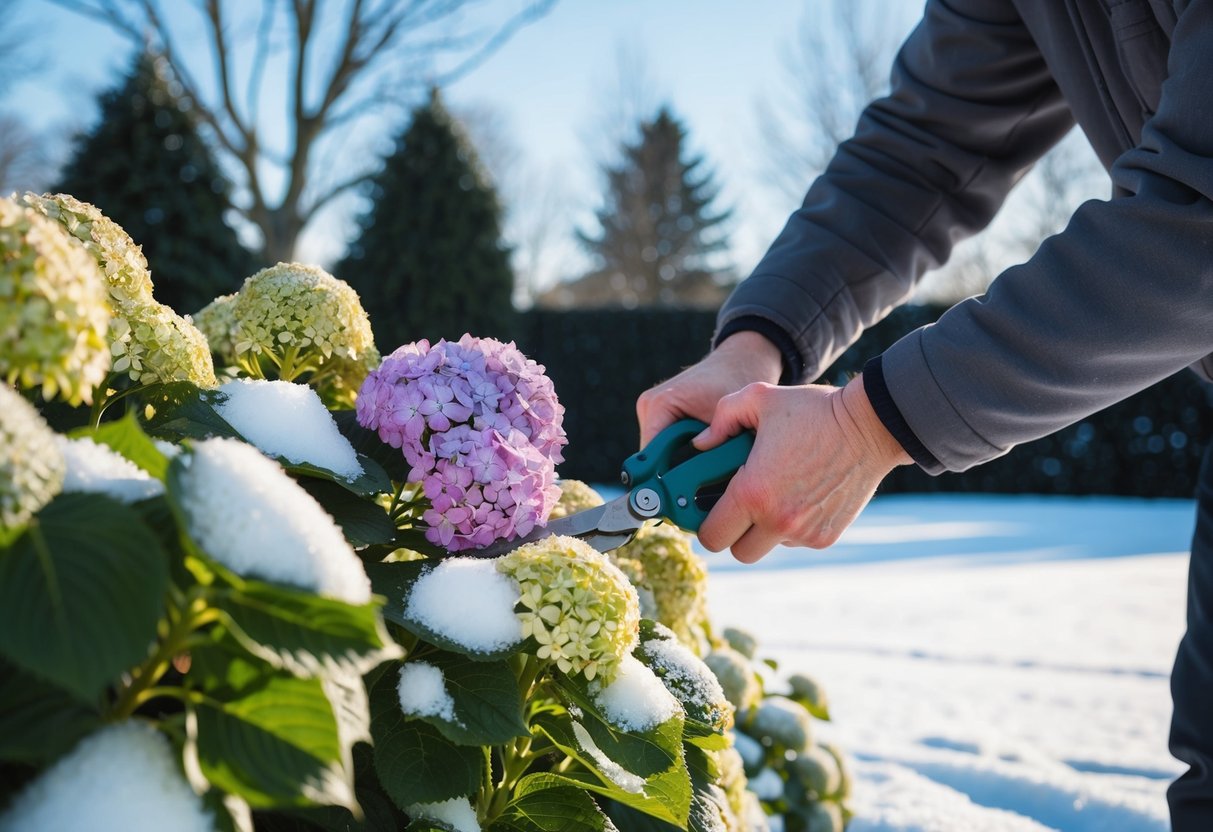 A pair of hands pruning hydrangeas in a snowy garden, with a backdrop of bare trees and a clear blue sky