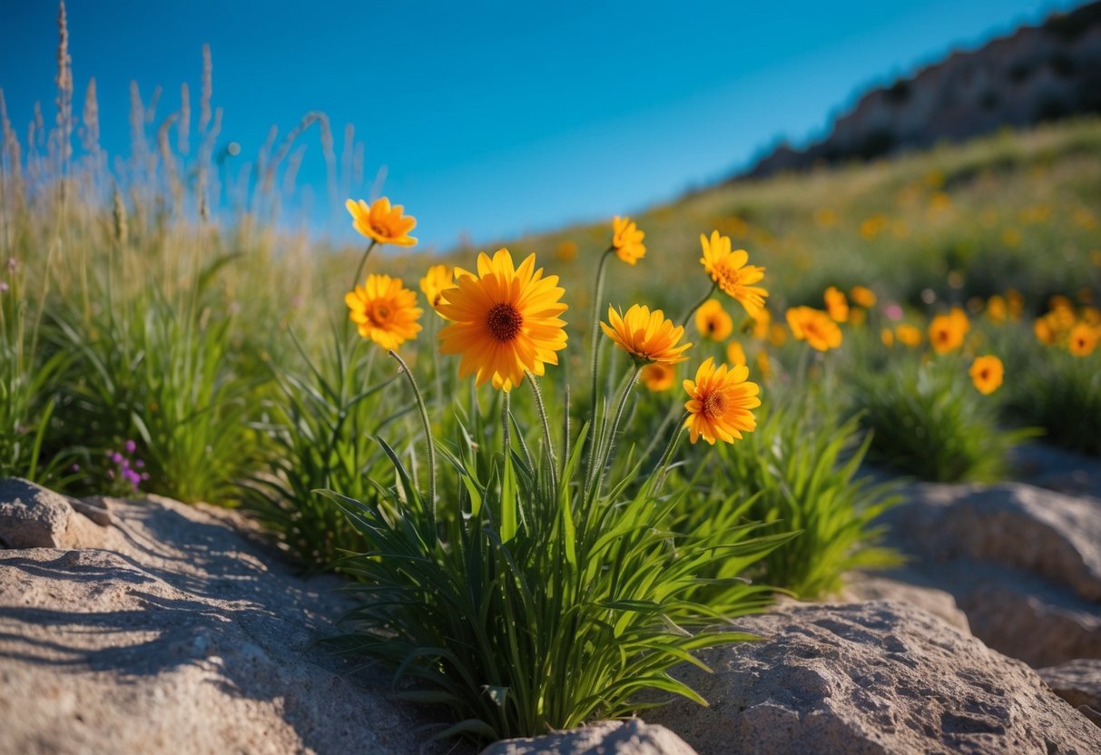 A sun-drenched field of vibrant, resilient flowers blooming amidst rocky terrain and swaying grasses