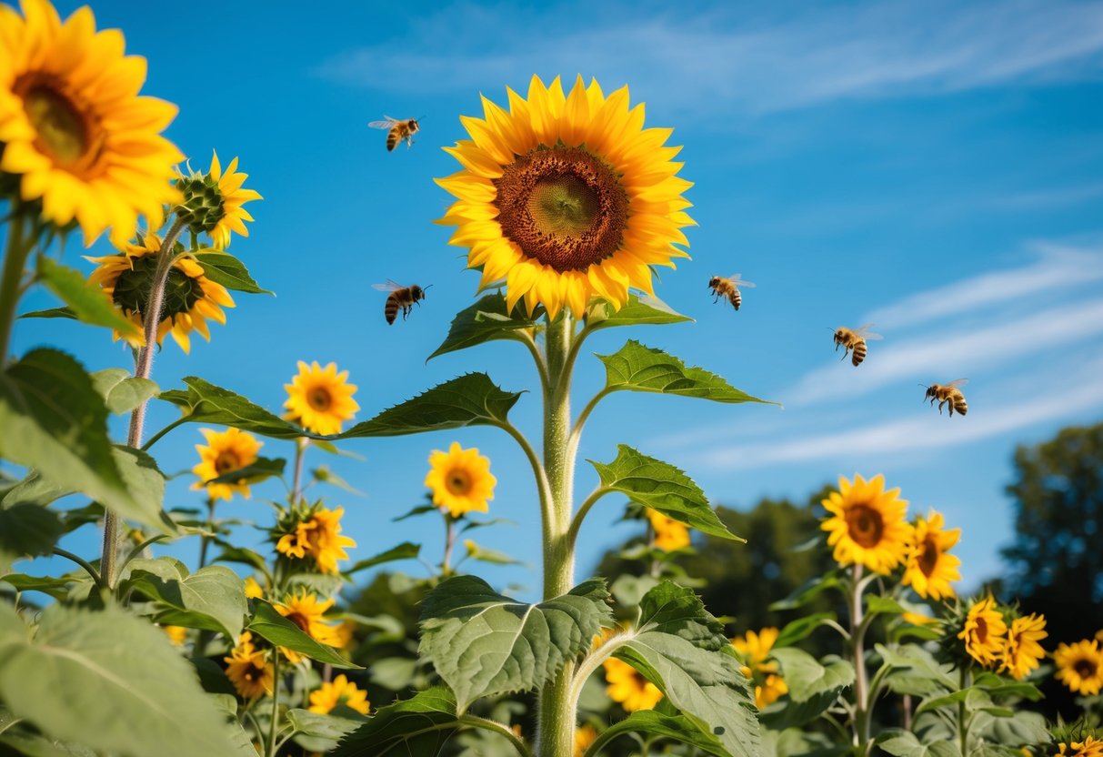 A vibrant sunflower stands tall in a garden, surrounded by other hardy summer flowers in full bloom. Bees buzz around, and the bright blue sky provides a backdrop