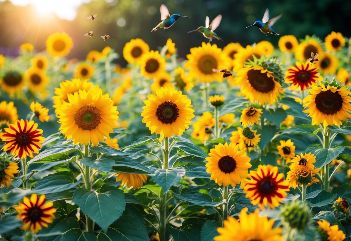 A vibrant garden of sunflowers, zinnias, and black-eyed Susans basking in the sunlight while attracting bees, butterflies, and hummingbirds