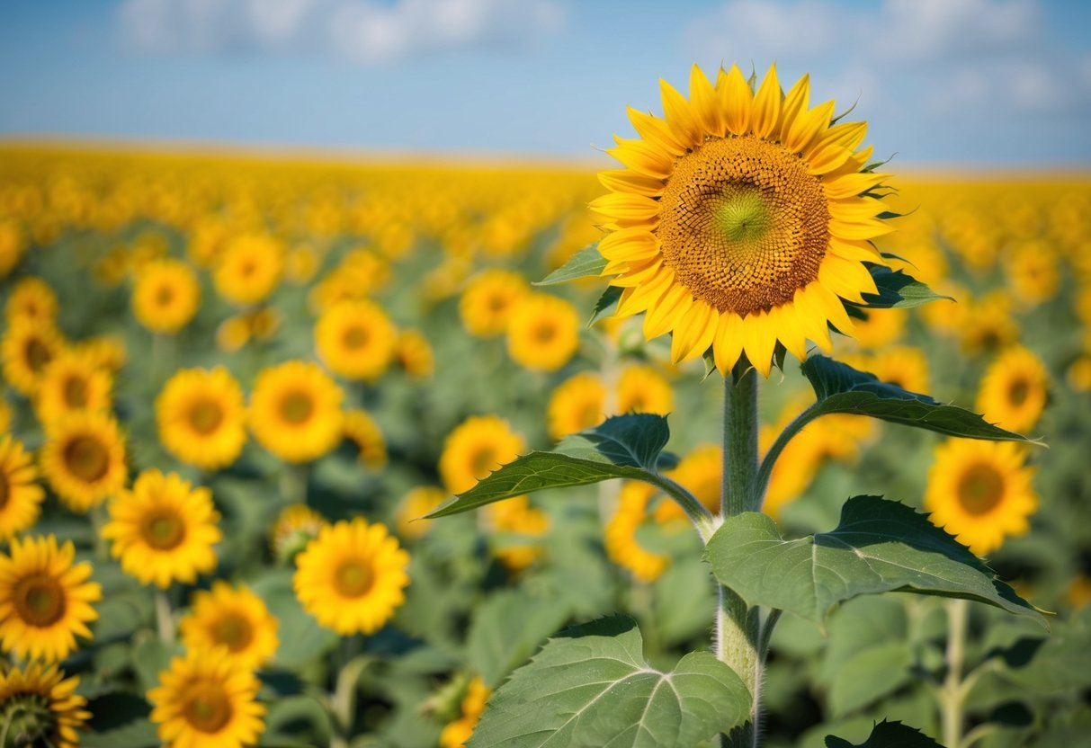 A vibrant sunflower stands tall amidst a field of wildflowers, its sturdy stem and bright petals symbolizing the hardiness of summer blooms