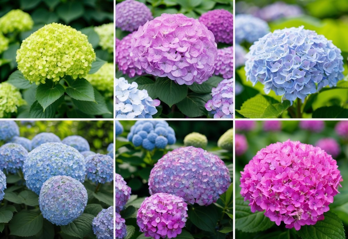 A garden with various hydrangea bushes in different colors, showcasing the different types and colors of hydrangeas