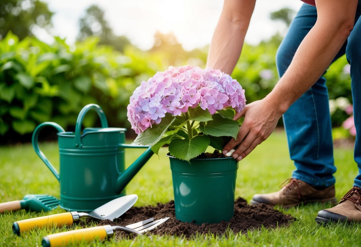 A pair of hands planting a hydrangea in a garden, surrounded by gardening tools and a watering can