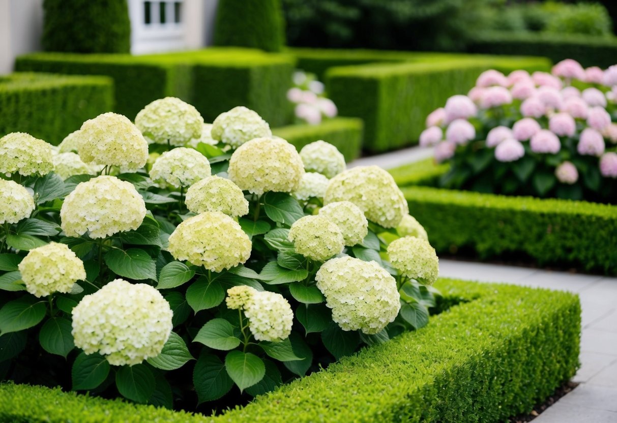 A lush garden with hydrangeas in full bloom, surrounded by neatly trimmed hedges and well-maintained pathways