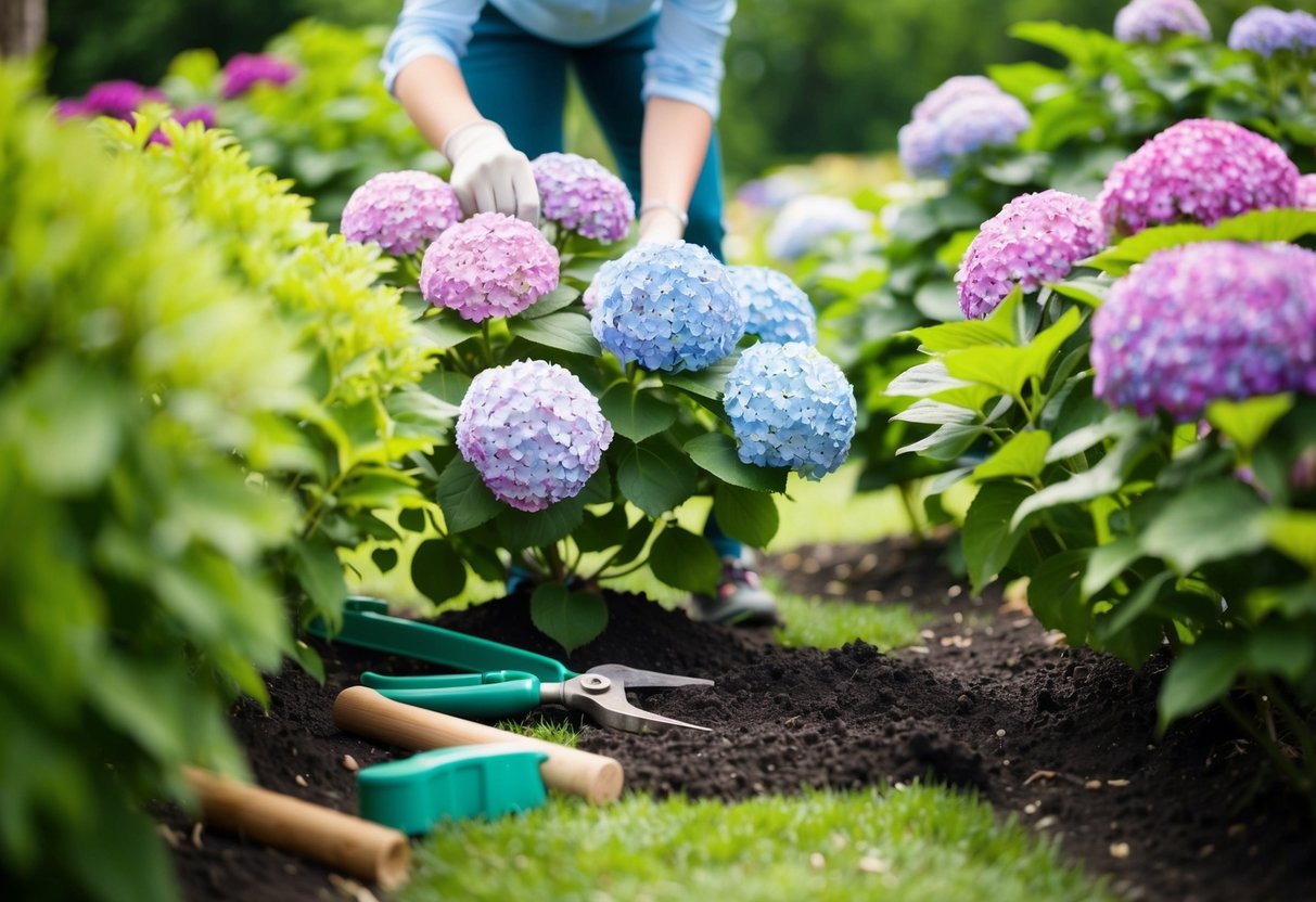 A garden with hydrangea bushes in various colors, surrounded by gardening tools and a person adjusting the soil pH