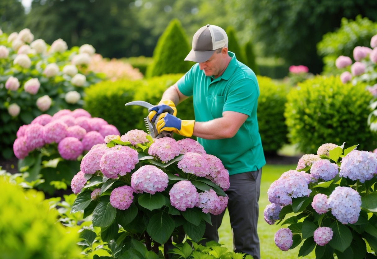 A gardener carefully pruning and tending to vibrant hydrangea bushes in a well-maintained garden