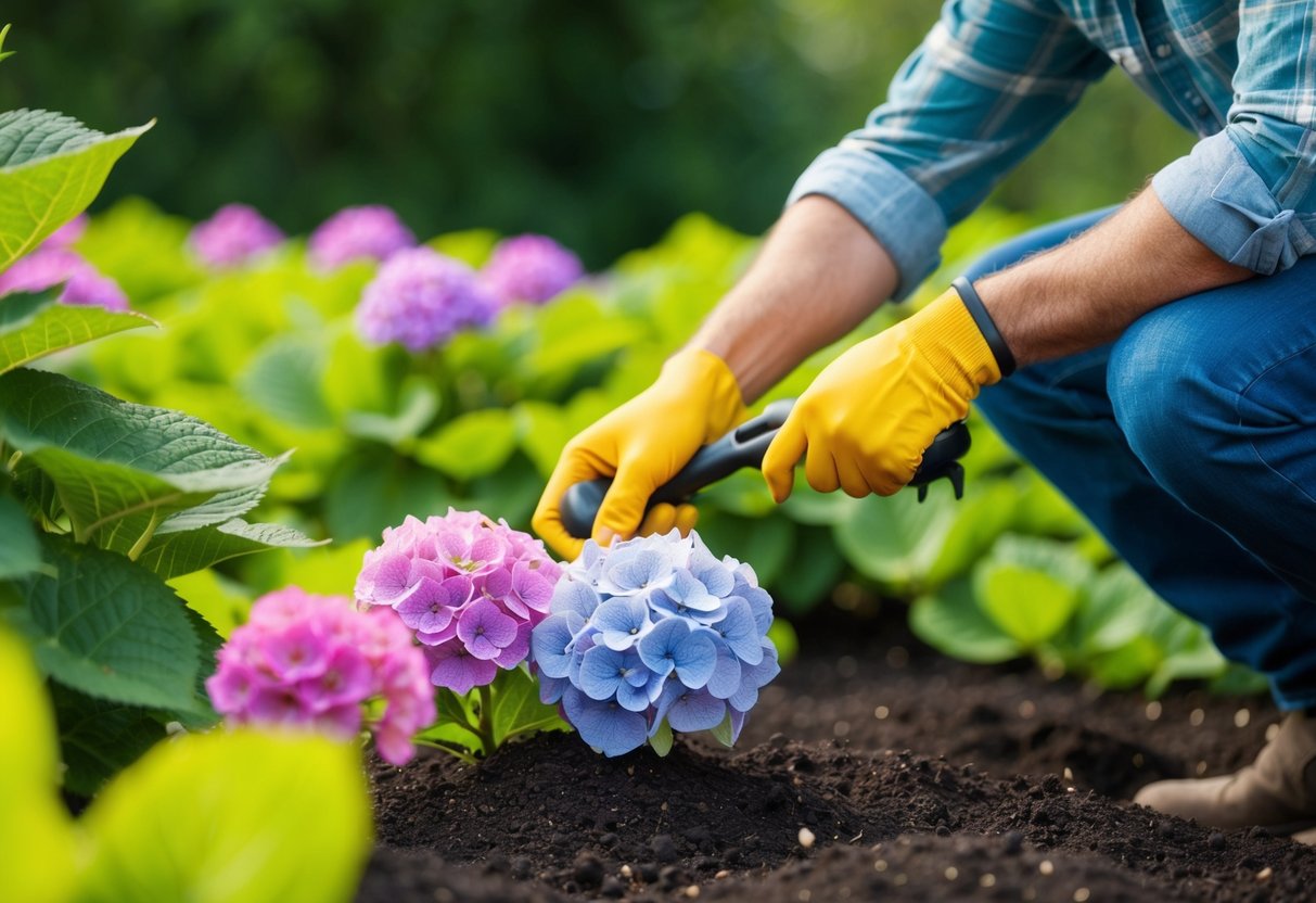 A gardener carefully adjusts soil pH for vibrant hydrangea blooms