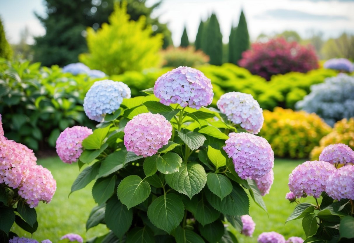 A lush garden with hydrangeas in full bloom, surrounded by changing seasons from spring to winter