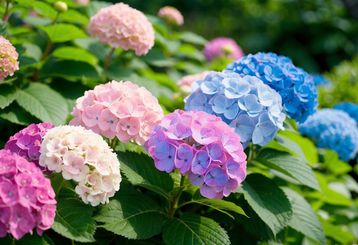 A lush garden with hydrangeas in various colors, from pale pink to deep blue, surrounded by healthy green foliage