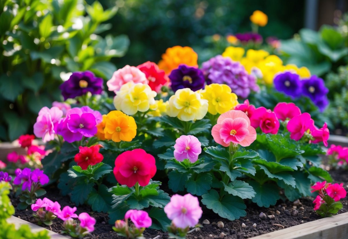 A colorful garden bed with a variety of begonias in full bloom, surrounded by lush green foliage and dappled sunlight