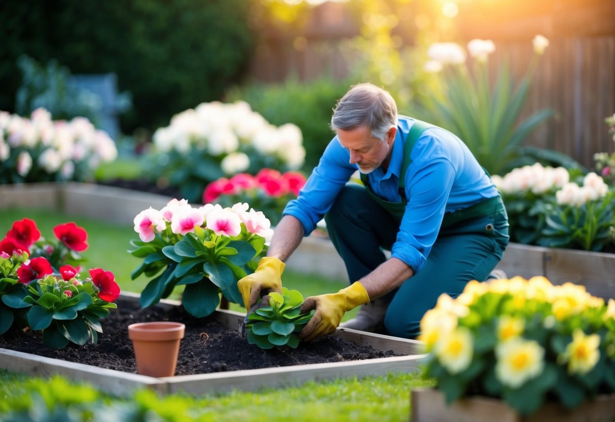 A gardener planting begonias in a UK garden bed