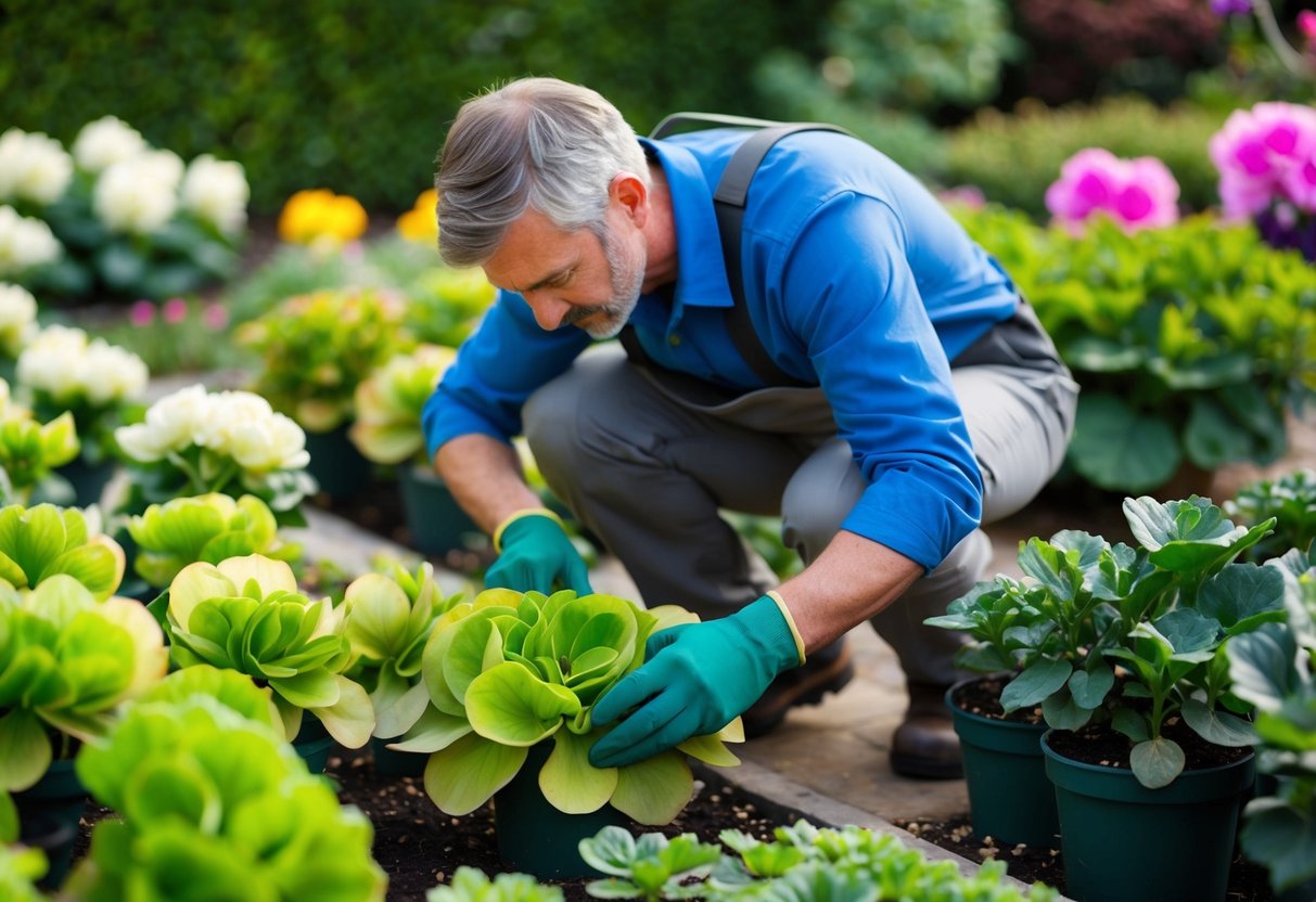 A gardener carefully tending to begonias in a lush, well-maintained garden, using natural pest control methods to protect the delicate plants from pests and diseases