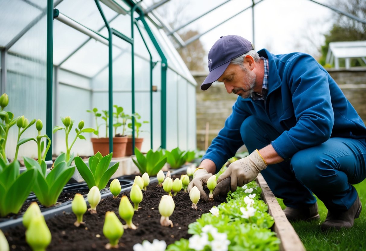 A gardener carefully planting begonia bulbs in a flower bed during early spring in the UK. Nearby, small seedlings are being propagated in a greenhouse