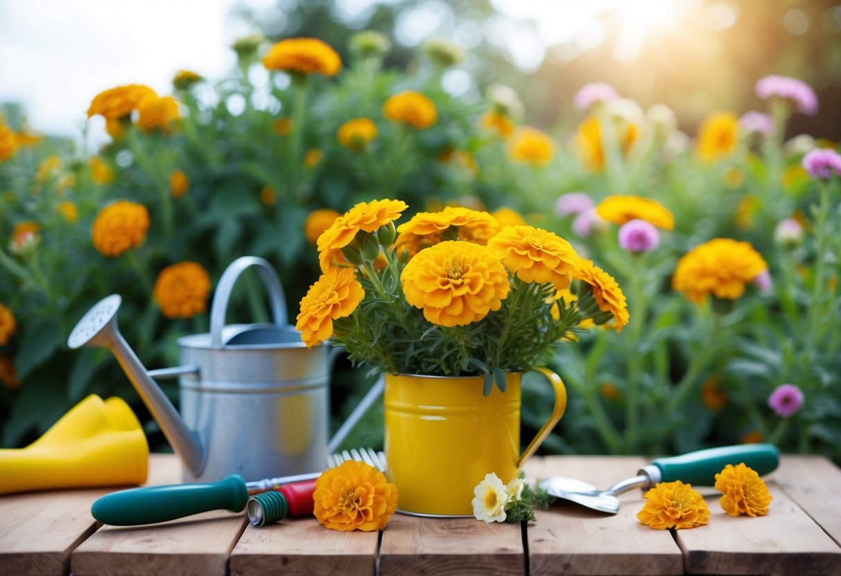 A marigold plant with blooming flowers, surrounded by gardening tools and a watering can