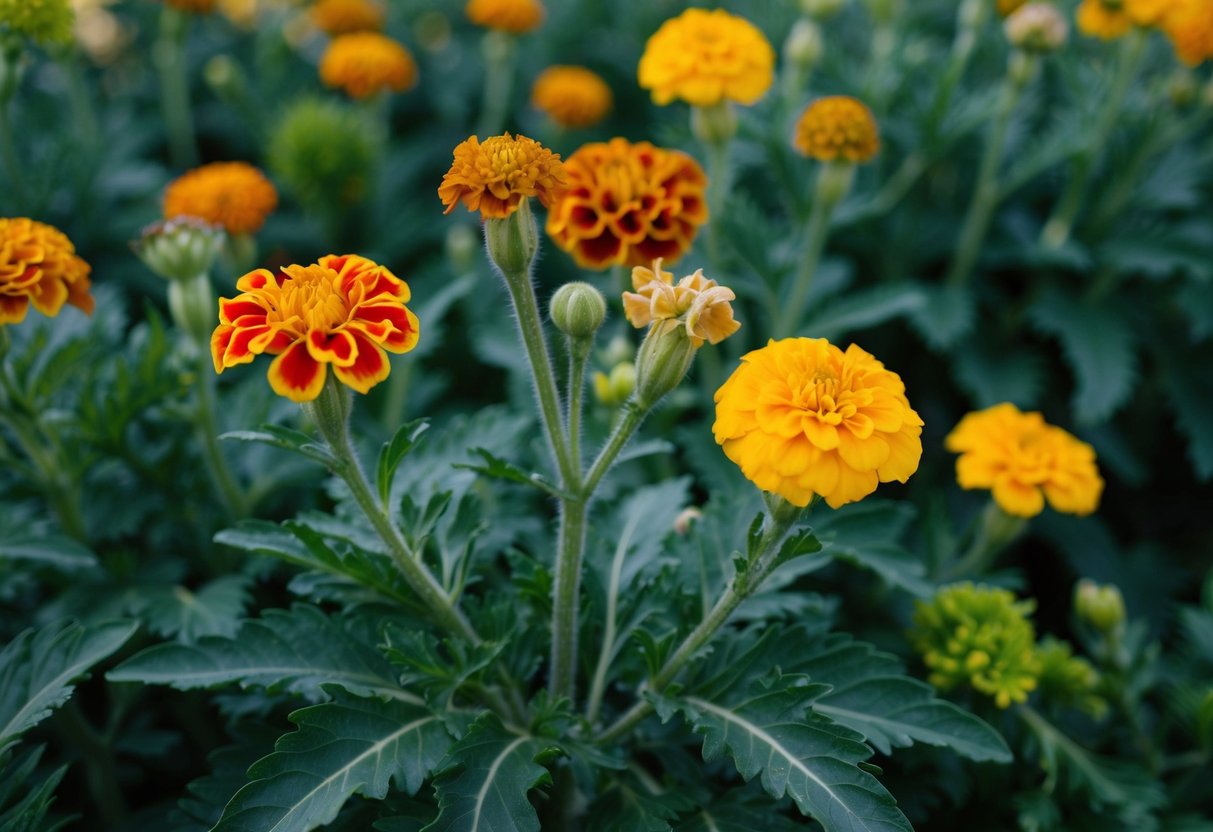 A marigold plant with both blooming and fading flowers, surrounded by lush green leaves