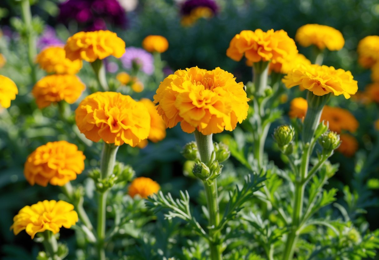 A garden with vibrant marigold flowers blooming in the sunlight, showcasing their ability to flower twice