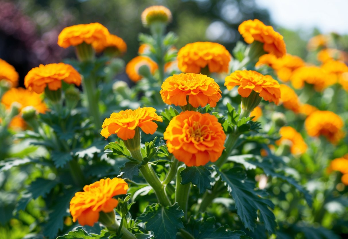 A marigold plant with vibrant orange flowers blooming in a garden, surrounded by green leaves and bathed in sunlight