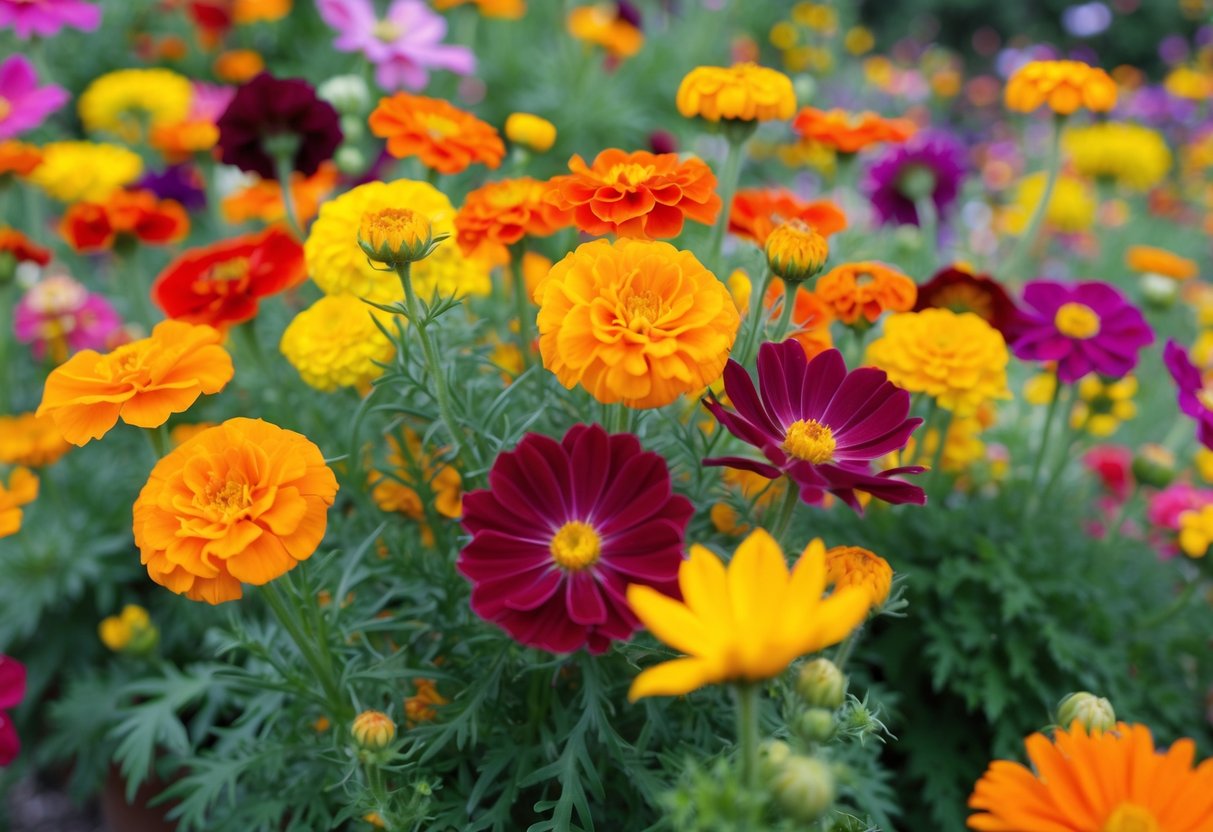 Vibrant marigolds, zinnias, and cosmos burst into bloom, filling the garden with a riot of color and energy