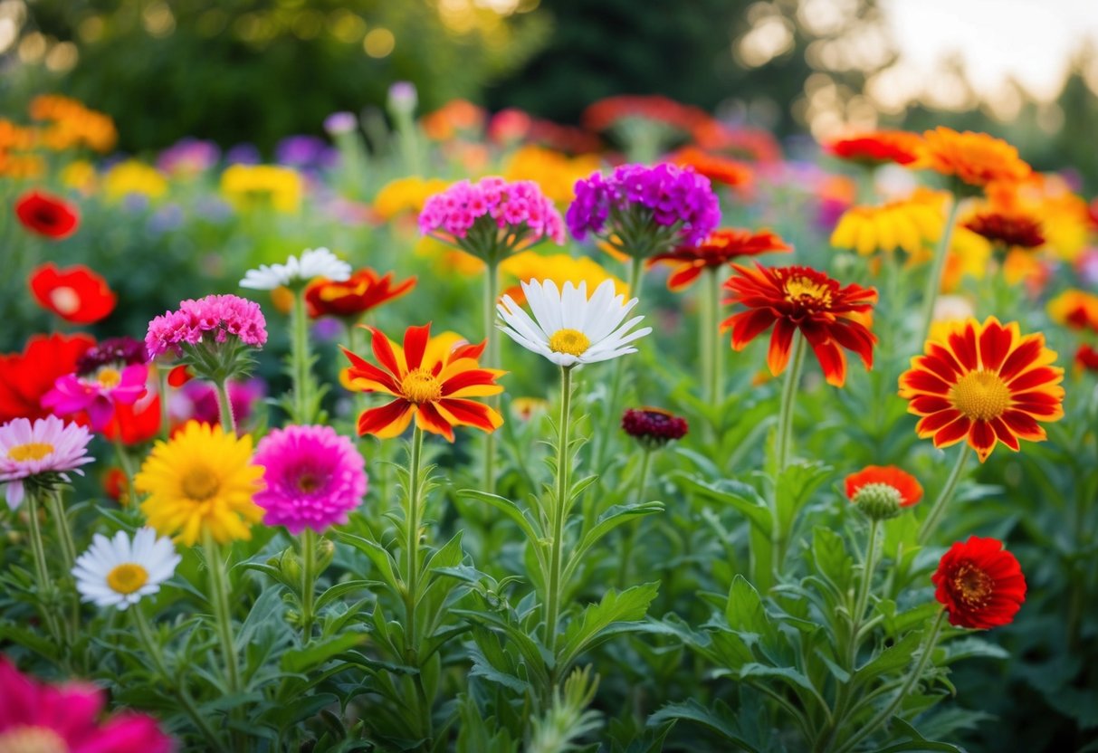 A variety of annual flowers blooming rapidly in a vibrant garden setting