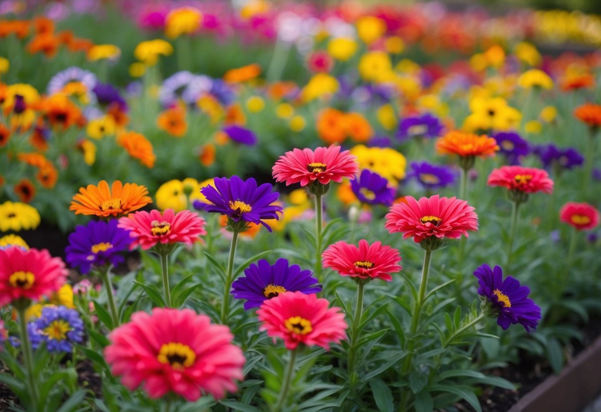 Vibrant annual flowers burst open, racing to bloom in a colorful garden bed