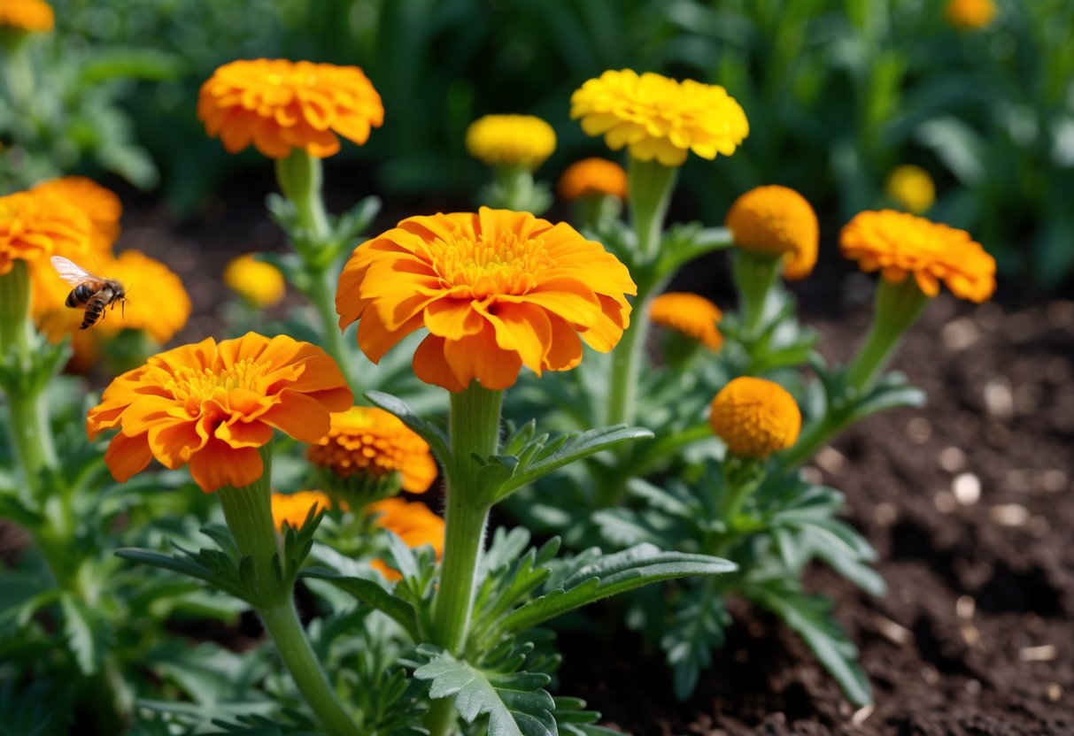 A marigold plant grows from a small seed in rich soil, under the warm sun, and with regular watering. It blooms with vibrant orange and yellow flowers, attracting bees and butterflies