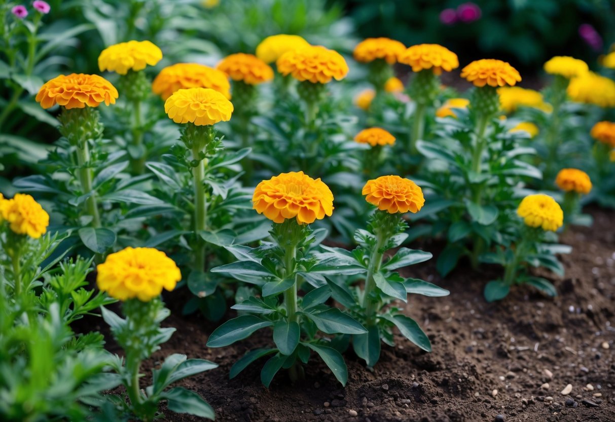 A garden scene with multiple marigold plants in various stages of growth, surrounded by rich soil and well-maintained foliage