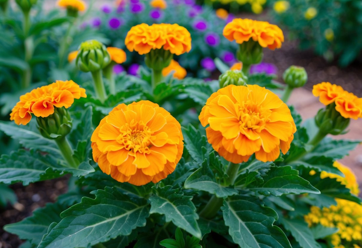 A healthy marigold plant in full bloom, surrounded by vibrant green leaves and thriving in a well-maintained garden setting