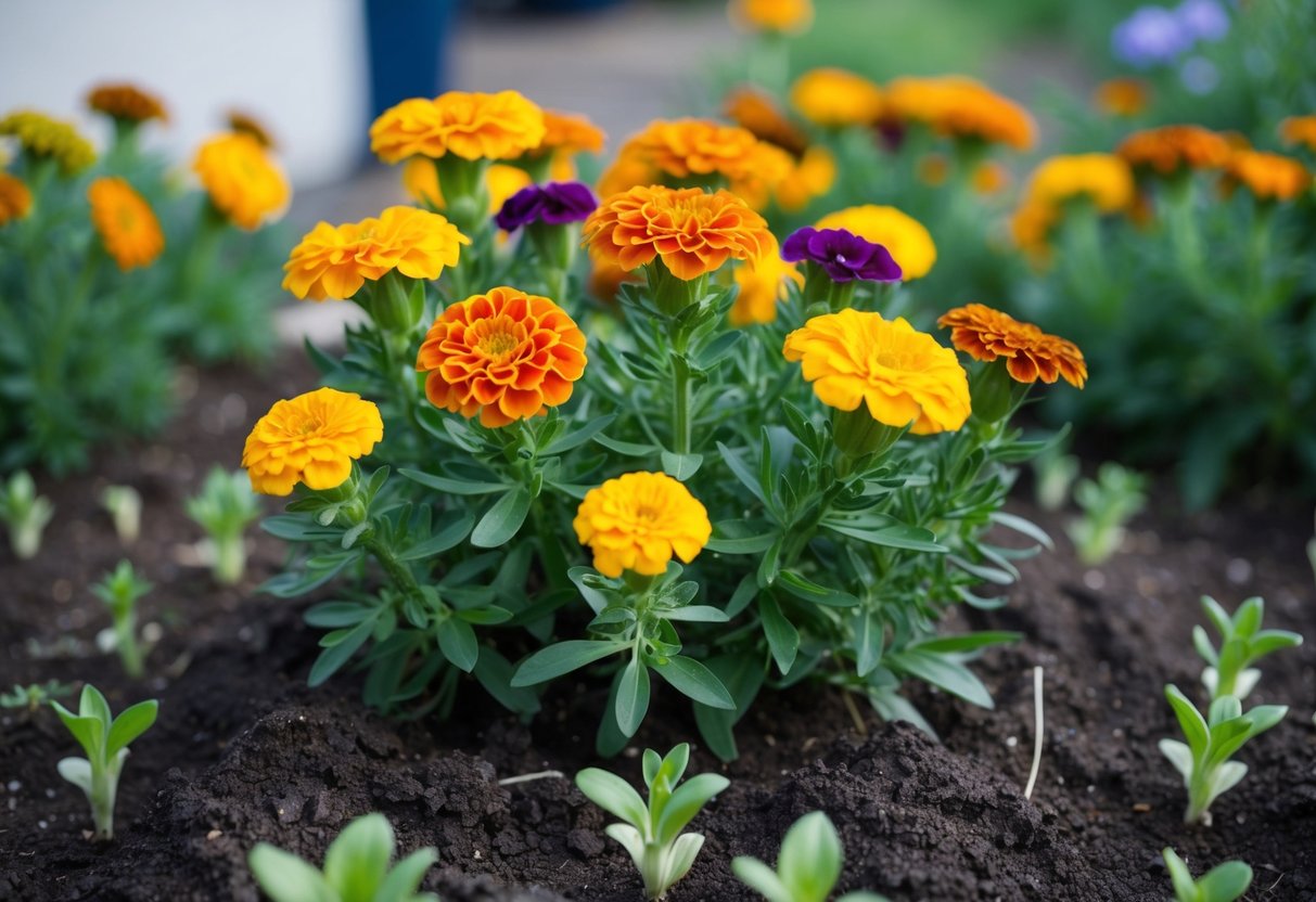 A cluster of marigold plants with vibrant flowers in various stages of bloom, surrounded by smaller seedlings sprouting from the soil