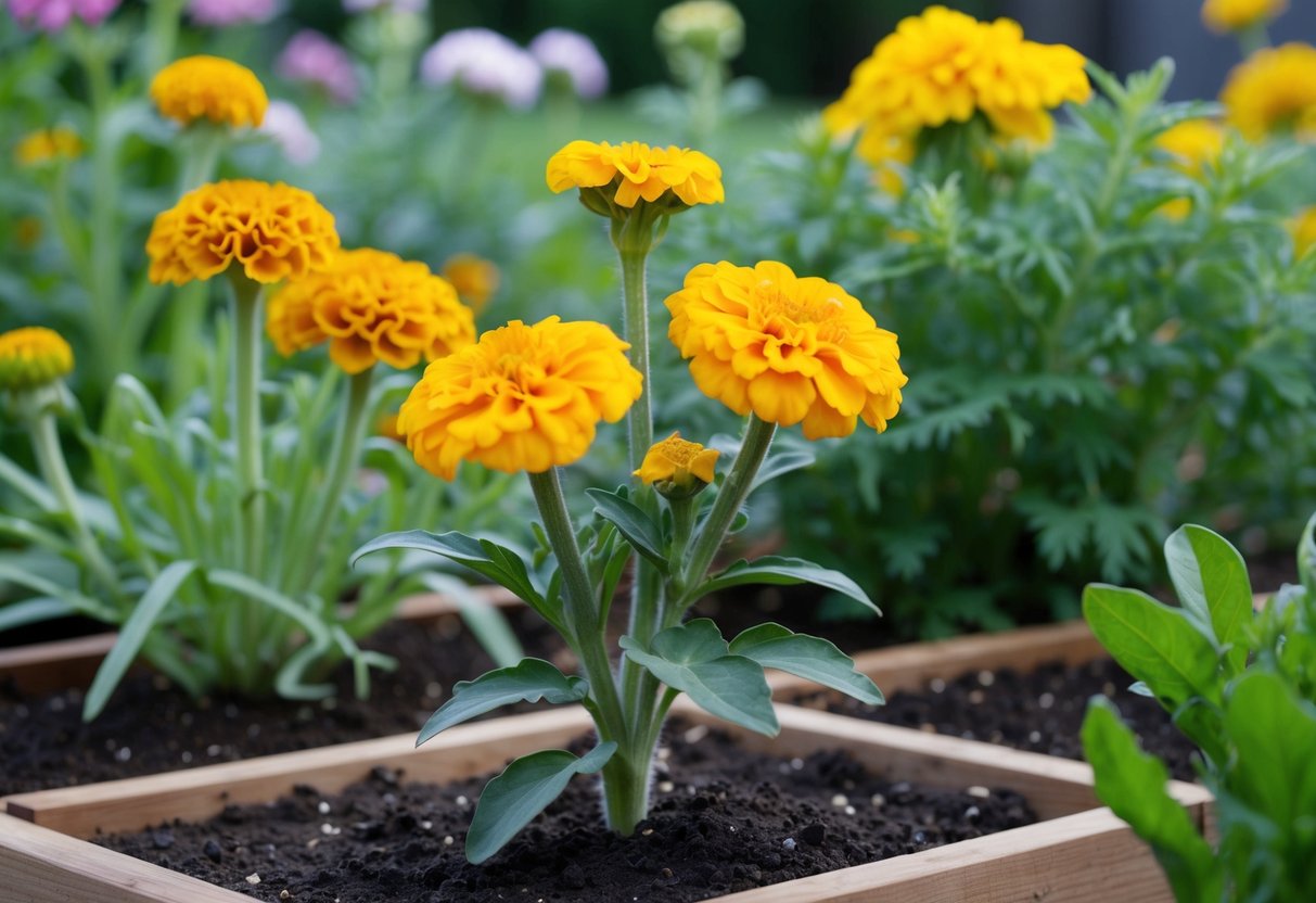 A marigold plant growing from seedling to blooming flower, surrounded by other plants in a garden bed