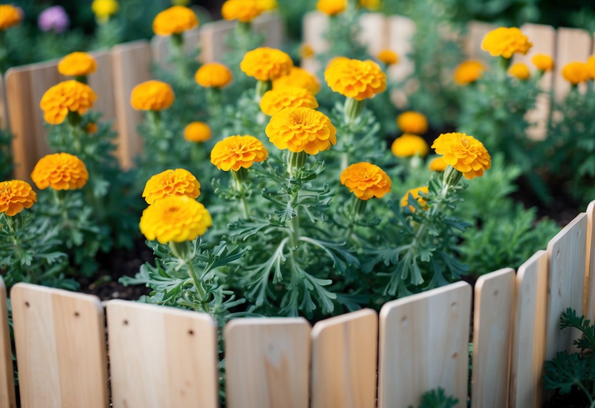 A garden with marigold flowers surrounded by a protective barrier to shield them from potential troubles